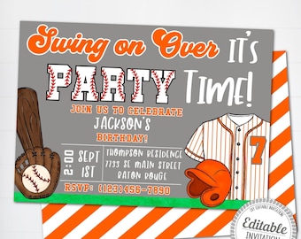 May include: Editable baseball party invitation with a gray background, orange and white stripes, and a baseball themed design. The text reads "Swing on Over It's Party Time!" and includes details for a birthday party.