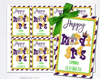 May include: Eight printable gift tags featuring a purple and gold Mardi Gras theme. The tags are 2.5 inches by 4 inches and say "Happy Mardi Gras" with a crown and fleur-de-lis. The text "From: Elizabeth" is included on each tag.