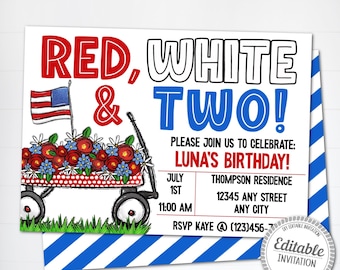 Patriotic 2nd Birthday Party Invitation, July 4th Kids Birthday, Printable and Text Invite, Editable Template