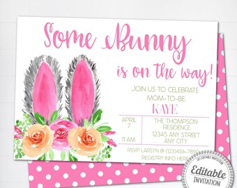 Bunny Baby Shower Invitation, Floral Easter Theme (Instant Download)