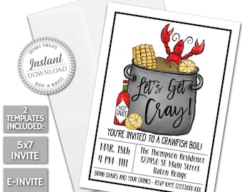 May include: A printable invitation to a crawfish boil. The invitation features a cartoon illustration of a pot of crawfish with corn, lemons, and hot sauce. The text on the invitation reads "Let's Get Cray!" and includes the date, time, and location of the event. The invitation also includes the text "Bring chairs and your drinks - RSVP Kaye (225)XXX-XXX".