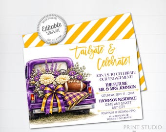 Football Engagement Party Invitation, Tailgate & Celebrate, Purple Gold Editable Template, Printable and Text Invite
