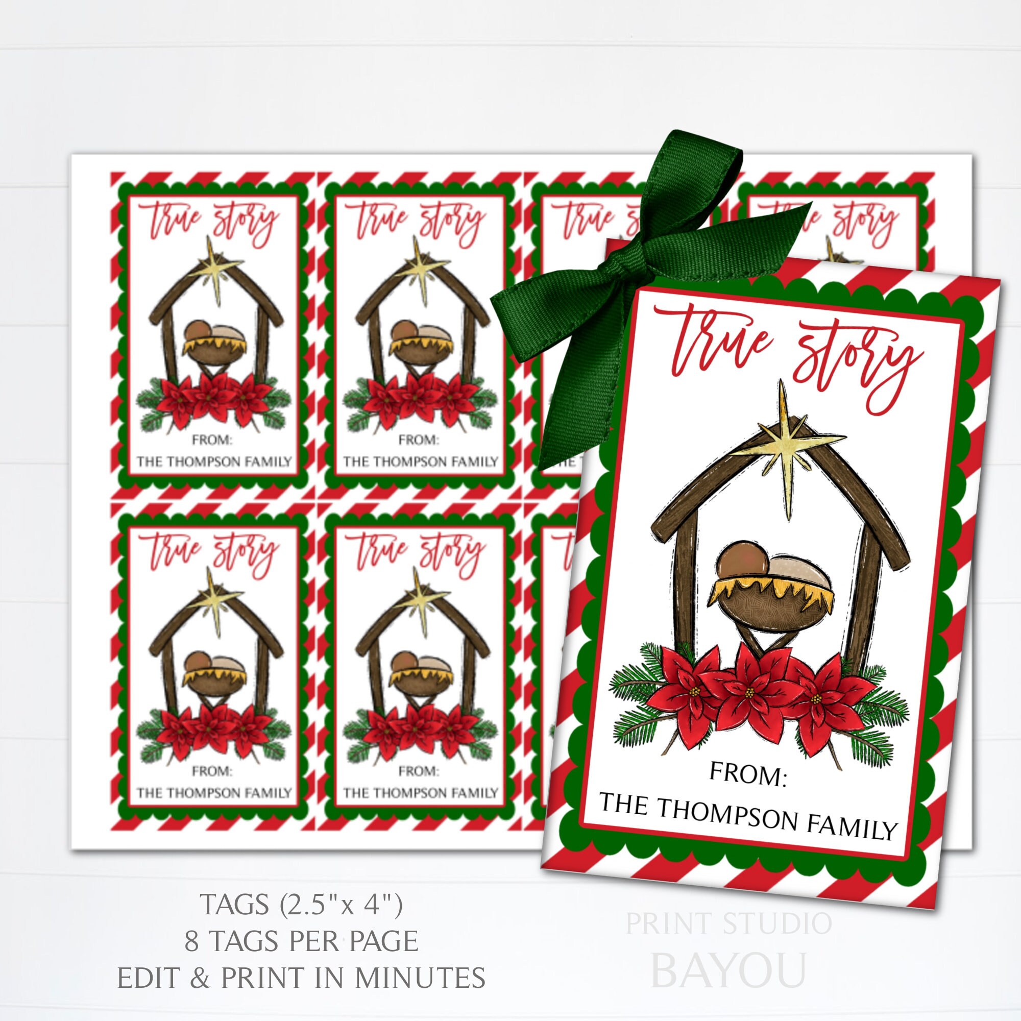 Printable True Story Christmas Tags,Editable Baby Jesus Christmas Tags, Nativity Gift Tags, Christmas Treat Bag Tags, Template
