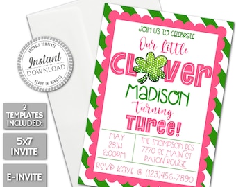 PRINTABLE Our Little Clover Birthday Invitation, St. Patrick's Day Themed Birthday Invitation, E-Invite, Editable Template