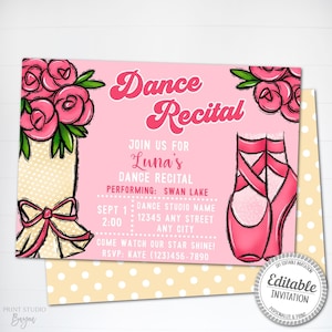 Printable Dance Recital Invitation, Ballet Recital Invite, E-Invite, Ballerina Birthday Party, Ballet Birthday, Editable Template, Digital