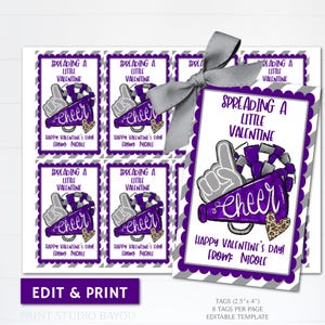 Printable Valentine Cheer Treat Tags, Cheer Squad Gifts, Valentine Cheer Favor Tags, Purple and Gray Squad Colors, Editable Template