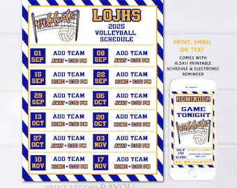 Volleyball Schedule Printable, Editable Text, Yellow Gold Team Colors, Smartphone Game Day Text Reminder Included, Instant Download