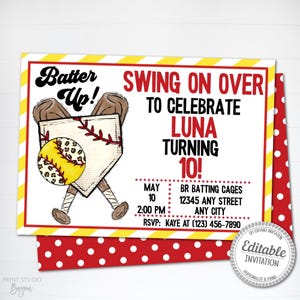 Printable Softball Birthday Party Invitation, Editable Batter Up Invite, Swing on Over Birthday Invite, Softball Birthday E-Invite, Template