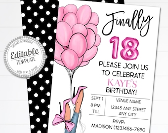 Editable Pink 18th Birthday Invitation, Printable, Template (Digital Download 5x7 and Text Invite)