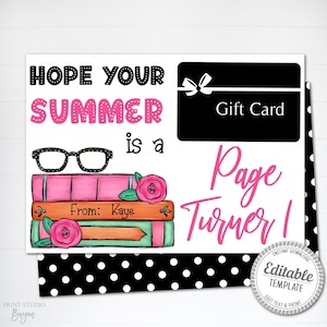 Printable Hope Your Summer is a Page Turner Gift Card Holder, Editable End of School Card for Teacher, Book Gift Card Holder, Template