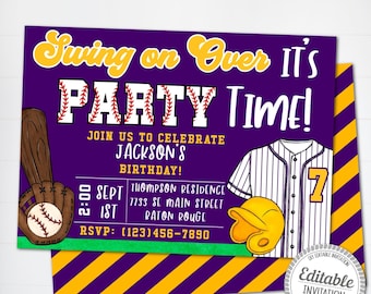 May include: Purple and yellow baseball-themed birthday party invitation with the text "Swing on Over It's Party Time!" and "Join us to celebrate Jackson's Birthday!"  The invitation includes a baseball bat, glove, and baseball, as well as a baseball uniform with the number 7 on it. The invitation also includes the date, time, and location of the party.