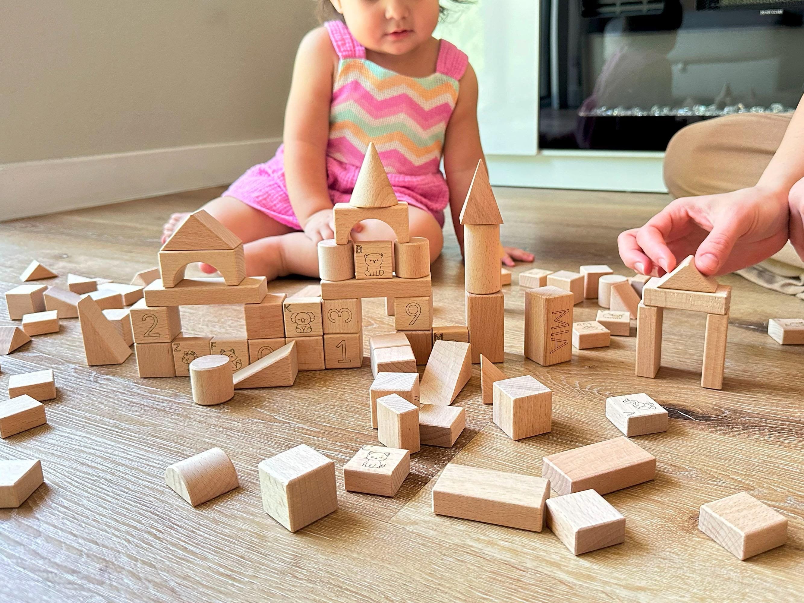 Wooden Building Blocks Set Preschool Colorful Learning Educational Toys 100 Pcs - UK