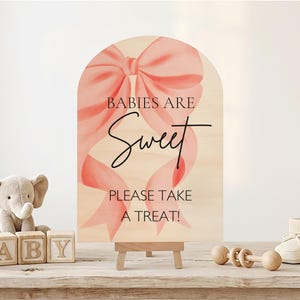 May include: Wooden sign with a pink bow and the words "Babies are Sweet, Please Take a Treat!" displayed on a small wooden easel. A stuffed elephant, wooden blocks spelling "BABY", baby shoes, and a rattle are also visible.