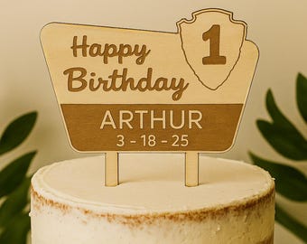 Personalized National Park Birthday Cake Topper, Rustic Wooden ONE Happy Camper