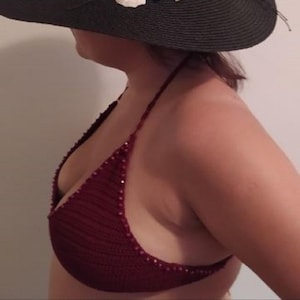Handmade Crochet Triangle Bikini Top – Boho Swimwear – Burgundy  Festival Bralette - Unique Knit Bikini Top