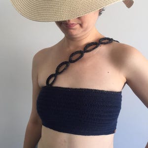 Navy Blue Knit Bustier with One Cross Strap, Handmade Boho Style Woman Clothing for Summer Festival Outfit, Stylish Bikini Top for Gift