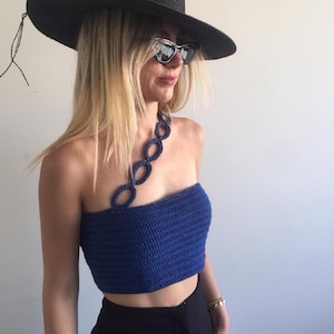 Night Blue Knit Bustier with One Cross Strap, Handmade Boho Style Woman Clothing for Summer Festival Outfit, Stylish Bikini for Gift to Her