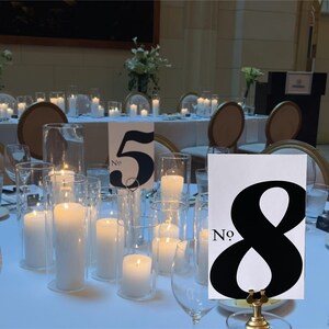 May include: A white table with a black and white table number card that says "No. 8" in a bold font. There are many clear glass candle holders with white candles on the table.