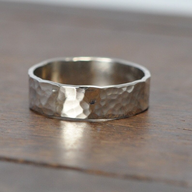 14K White Gold Mens 5mm Ring or Wedding Band Hammered Texture Etsy