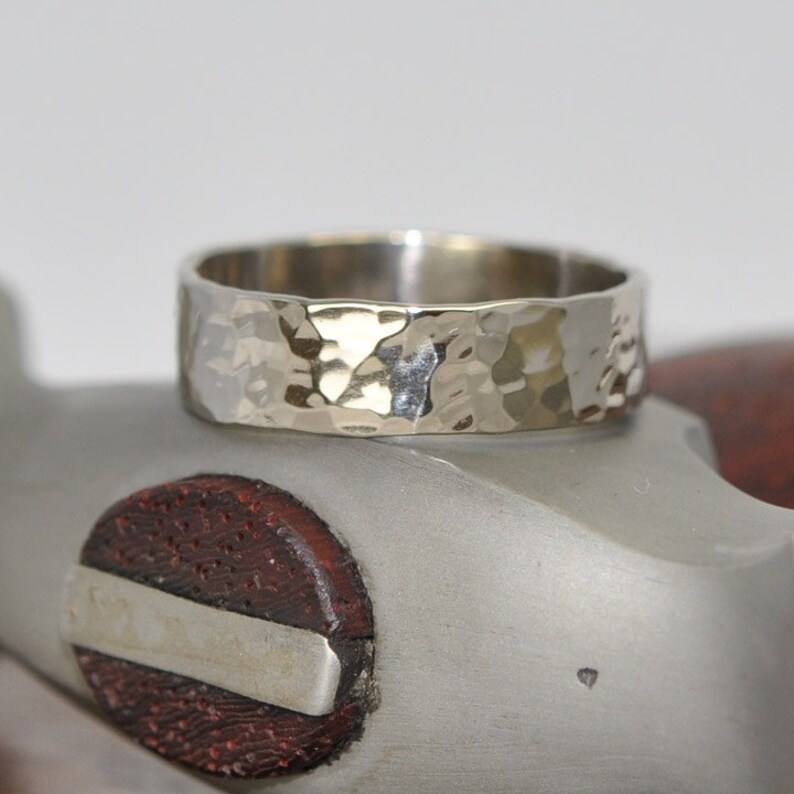 14K White Gold Mens 5mm Ring or Wedding Band Hammered Texture Etsy