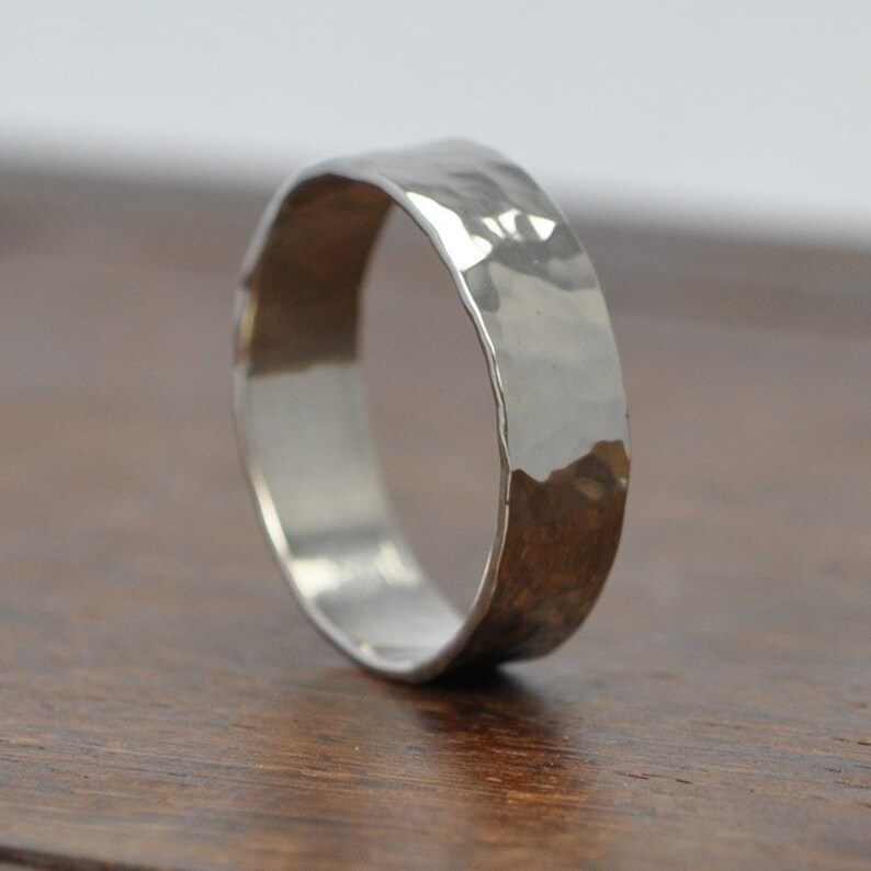 14K White Gold Mens 5mm Ring or Wedding Band Hammered Texture Etsy