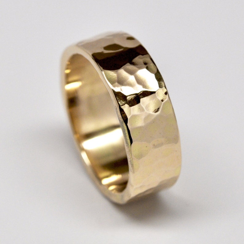 18K Yellow Gold Mens Wedding Band Hammered Gold Ring 8mm