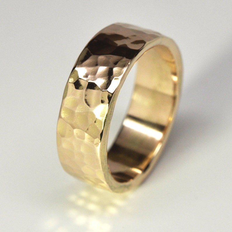 18K Yellow Gold Mens Wedding Band Hammered Gold Ring 8mm