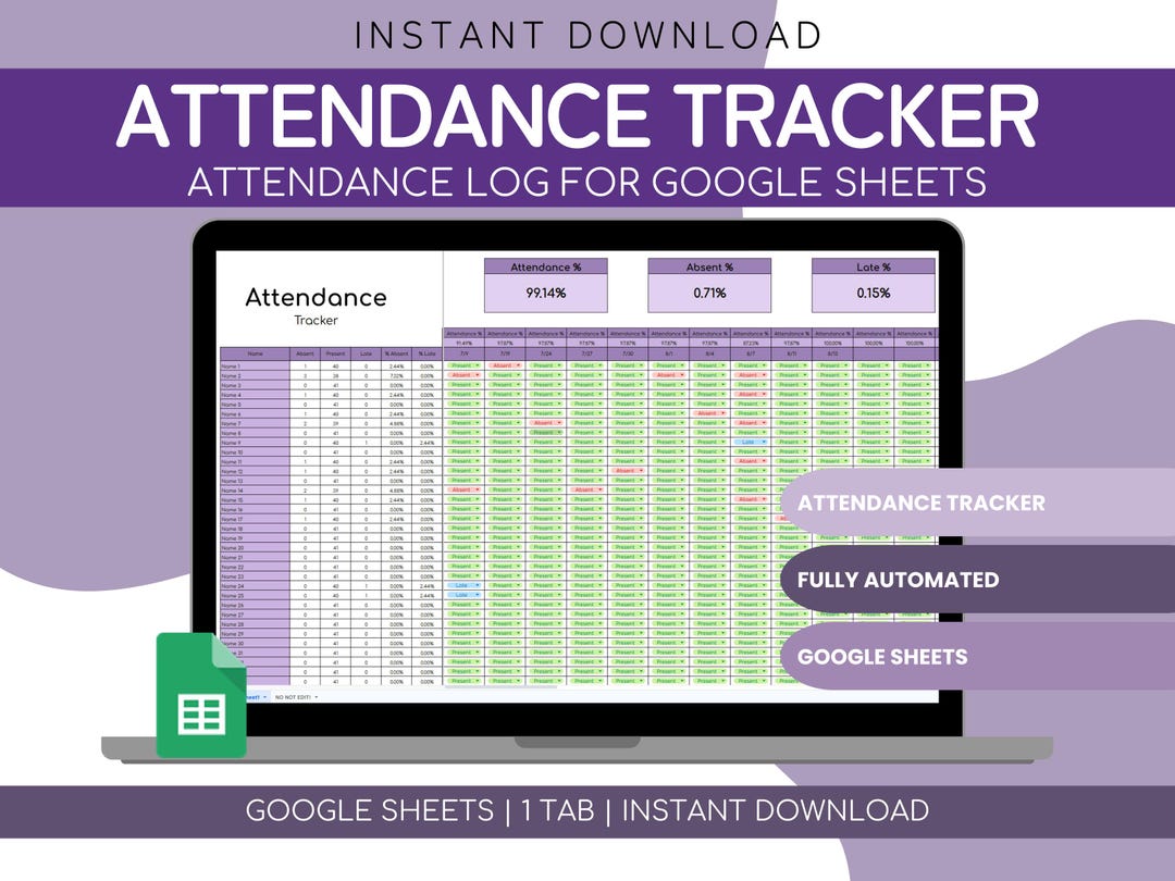 Attendance Tracker Google Sheets | Teacher Attendance Tracker School ...