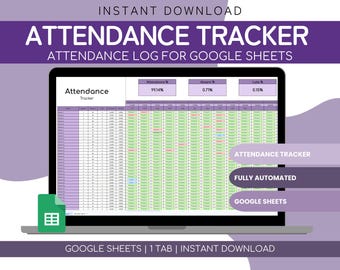 Attendance Tracker Google Sheets | Teacher Attendance Tracker School | Attendance Log Template | Teacher Attendance Book | Attendance Record