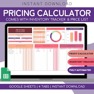 Könnte beinhalten: Ein Laptop-Bildschirm zeigt einen Preiskalkulator mit Bestandsverfolgung und Preisliste. Der Bildschirm zeigt Datentabellen, Diagramme und den Text "Preiskalkulator". Zusätzlicher Text enthält "Gewinnrechner", "Bestandsverfolgung" und "Vollautomatisch".