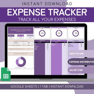 May include: A laptop screen showing an expense tracker spreadsheet in purple and white. The display features expense categories, income distribution, and pie charts. Text includes "Expense Tracker" and "Track All Your Expenses."