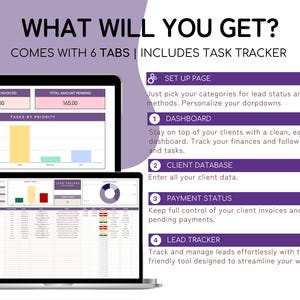 K&ouml;nnte beinhalten: Zwei Laptops zeigen eine digitale Tabelle mit Diagrammen und Datentabellen. Das Bild enth&auml;lt den Text &bdquo;WHAT WILL YOU GET?&ldquo; und &bdquo;COMES WITH 6 TABS | INCLUDES TASK TRACKER&ldquo;. Der Bildschirm zeigt auch den Text &bdquo;DASHBOARD&ldquo;, &bdquo;CLIENT DATABASE&ldquo;, &bdquo;PAYMENT STATUS&ldquo; und &bdquo;LEAD TRACKER&ldquo; an.