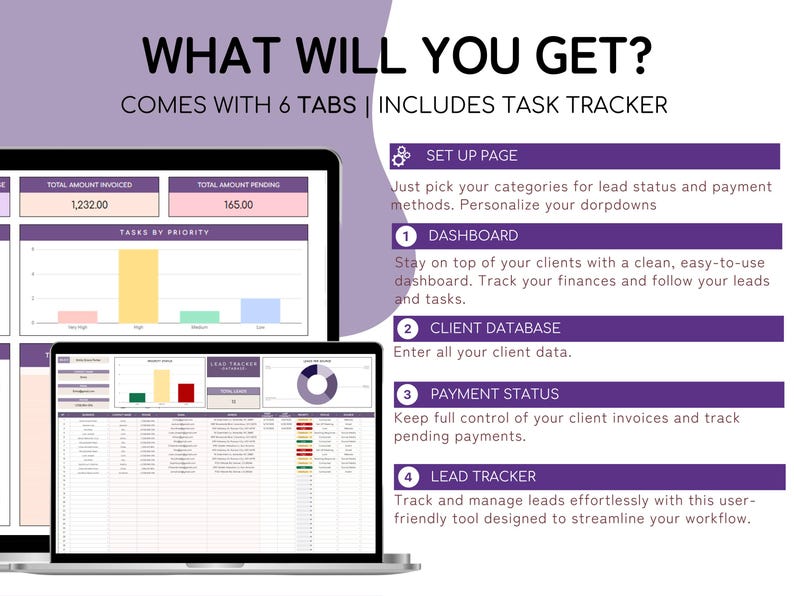 K&ouml;nnte beinhalten: Zwei Laptops zeigen eine digitale Tabelle mit Diagrammen und Datentabellen. Das Bild enth&auml;lt den Text &bdquo;WHAT WILL YOU GET?&ldquo; und &bdquo;COMES WITH 6 TABS | INCLUDES TASK TRACKER&ldquo;. Der Bildschirm zeigt auch den Text &bdquo;DASHBOARD&ldquo;, &bdquo;CLIENT DATABASE&ldquo;, &bdquo;PAYMENT STATUS&ldquo; und &bdquo;LEAD TRACKER&ldquo; an.