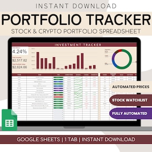 Tracker di investimenti per Fogli Google / Portafoglio azionario per Fogli Google / Giornale di trading Tracker di criptovalute per Fogli Google Azioni e criptovalute