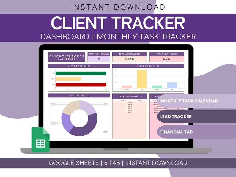 K&ouml;nnte beinhalten: Ein Laptop-Bildschirm zeigt ein Client-Tracker-Dashboard mit Diagrammen und Grafiken. Die Oberfl&auml;che umfasst Abschnitte f&uuml;r Leads, Aufgaben und Finanzdaten. Der Text oben lautet "CLIENT TRACKER" und "INSTANT DOWNLOAD". Das Google Sheets-Symbol ist sichtbar.
