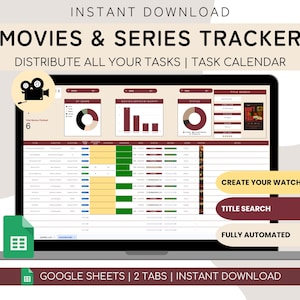 May include: A laptop screen displaying a "Movies & Series Tracker" template. The screen shows charts, graphs, and a task calendar. Text includes "Create Your Watchlist," "Title Search," and "Fully Automated." The words "Instant Download" are at the top.