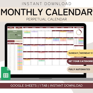 Maandelijkse agenda-spreadsheet Google Spreadsheets | Dagelijkse routine van Google Spreadsheets | Takenlijst | Dagelijks schema | Eeuwigdurende kalender | Taaktracker