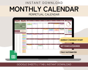 Monthly Calendar Spreadsheet Google Sheets | Google Sheets Daily Routine | To Do List | Daily Schedule | Perpetual Calendar | Task Tracker