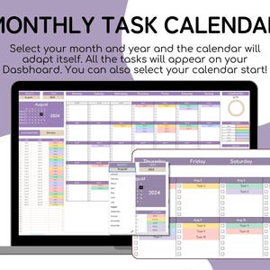 K&ouml;nnte beinhalten: Ein digitaler monatlicher Aufgabenkalender, der auf einem Laptop-Bildschirm angezeigt wird. Der Kalender ist in Lilat&ouml;nen gehalten und enth&auml;lt eine Aufgabenliste und ein Datumsauswahlmen&uuml;. Der Text oben lautet "MONATLICHER AUFGABENKALENDER".