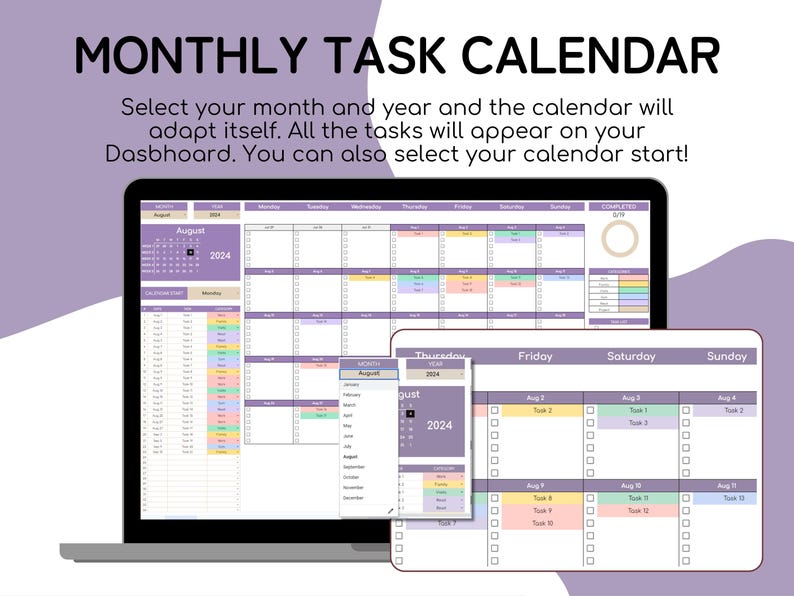 K&ouml;nnte beinhalten: Ein digitaler monatlicher Aufgabenkalender, der auf einem Laptop-Bildschirm angezeigt wird. Der Kalender ist in Lilat&ouml;nen gehalten und enth&auml;lt eine Aufgabenliste und ein Datumsauswahlmen&uuml;. Der Text oben lautet "MONATLICHER AUFGABENKALENDER".