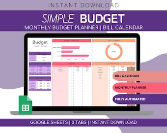 May include: A laptop screen displays a budget planner template. The screen shows sections for overview, cash flow, savings, income, and expenses. Text on the screen includes "Simple Budget" and "Monthly Budget Planner." The image also includes the text "Instant Download."