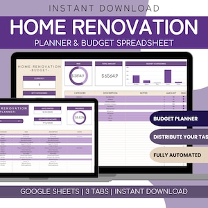 Home Rennovation Planner Spreadsheet | Home Renovation Budget Management House Project Management | Renovation Budget Template Spreadsheet