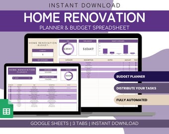 Home Rennovation Planner Spreadsheet | Home Renovation Budget Management House Project Management | Renovation Budget Template Spreadsheet
