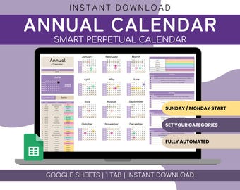 Annual Calendar Google Sheets | Annual Calendar Spreadsheet | Life Planner Template | ADHD Planner Template | Annual Planner Spreadsheet