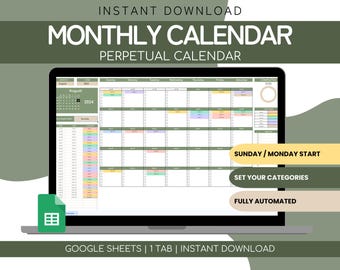 Könnte beinhalten: Ein Laptop-Bildschirm zeigt eine Google Sheets-Tabelle mit einer Vorlage für einen Monatskalender. Der Kalender ist mit "Monatskalender" und "Dauerkalender" beschriftet. Die Tabelle hat eine Registerkarte mit der Bezeichnung "August 2024". Der Kalender ist farbcodiert und hat einen Bereich zum Festlegen von Kategorien. Der Text "Sonntag/Montag Start", "Kategorien festlegen" und "Vollautomatisch" wird auf dem Bildschirm angezeigt.