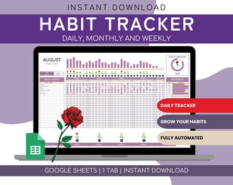 Habit Tracker Spreadsheet Google Sheets | Purple Monthly Digital Habit Tracker | Goal Tracker | Weekly Habit Spreadsheet | Daily Tracker