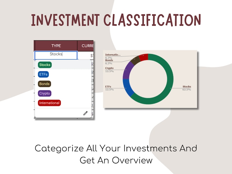 May include: A pie chart showing the breakdown of an investment portfolio. The chart shows that 62.5% of the portfolio is invested in stocks, 12.5% in ETFs, 12.5% in crypto, 6.3% in international investments, and 6.3% in bonds. The chart is accompanied by a dropdown menu with the options: Stocks, ETFs, Bonds, Crypto, and International.