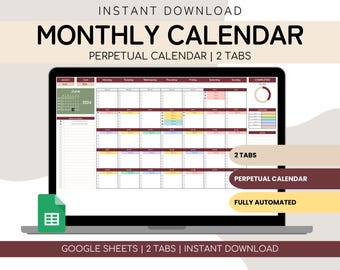 Monthly Calendar Spreadsheet Google Sheets | To Do List | Daily Schedule | Perpetual Calendar | Daily Routine | Task Tracker | To-do Planner
