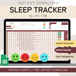 Spreadsheet slaaptracker | Dagelijks maandelijks slaapkwaliteitslogboek | Slaapurenplanner | Google Spreadsheets-sjabloon | Bewerkbaar | Log gewoontetracker