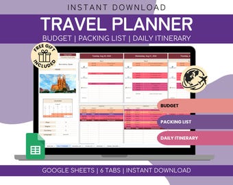 Digitaler Reiseplaner Google Sheets Planer | Packliste Reisekalkulationsblatt | Checkliste zum Packen | Feiertagsveranstalter Tabelle